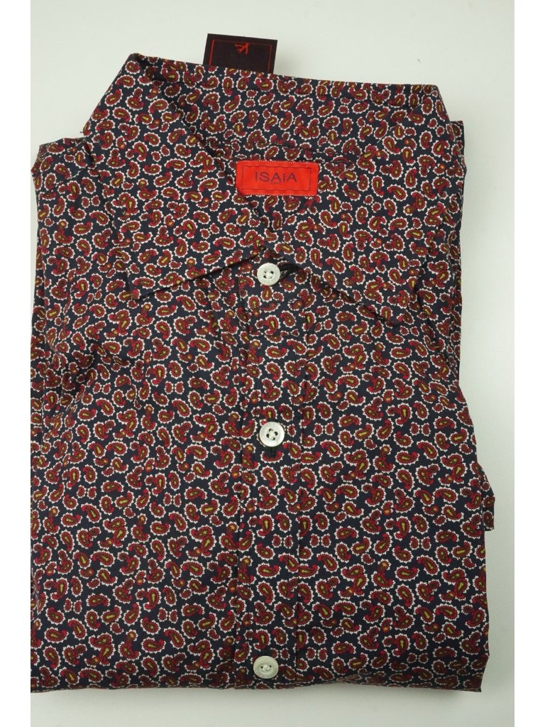 Isaia Navy Cherry Gold Neat Paisley Long Sleeve Cotton Dress Shirt 15.5/39 New